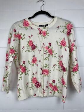 Vintage Mandee Cottagecore Floral Rose Print Cardigan Knit Sweater Cream Pink Lg